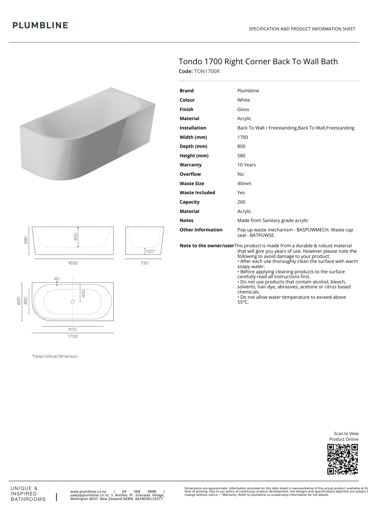 Plumbline Tondo Back To Wall Bath | Right Corner 1700mm