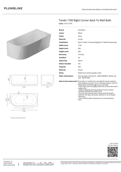 Plumbline Tondo Back To Wall Bath | Right Corner 1700mm