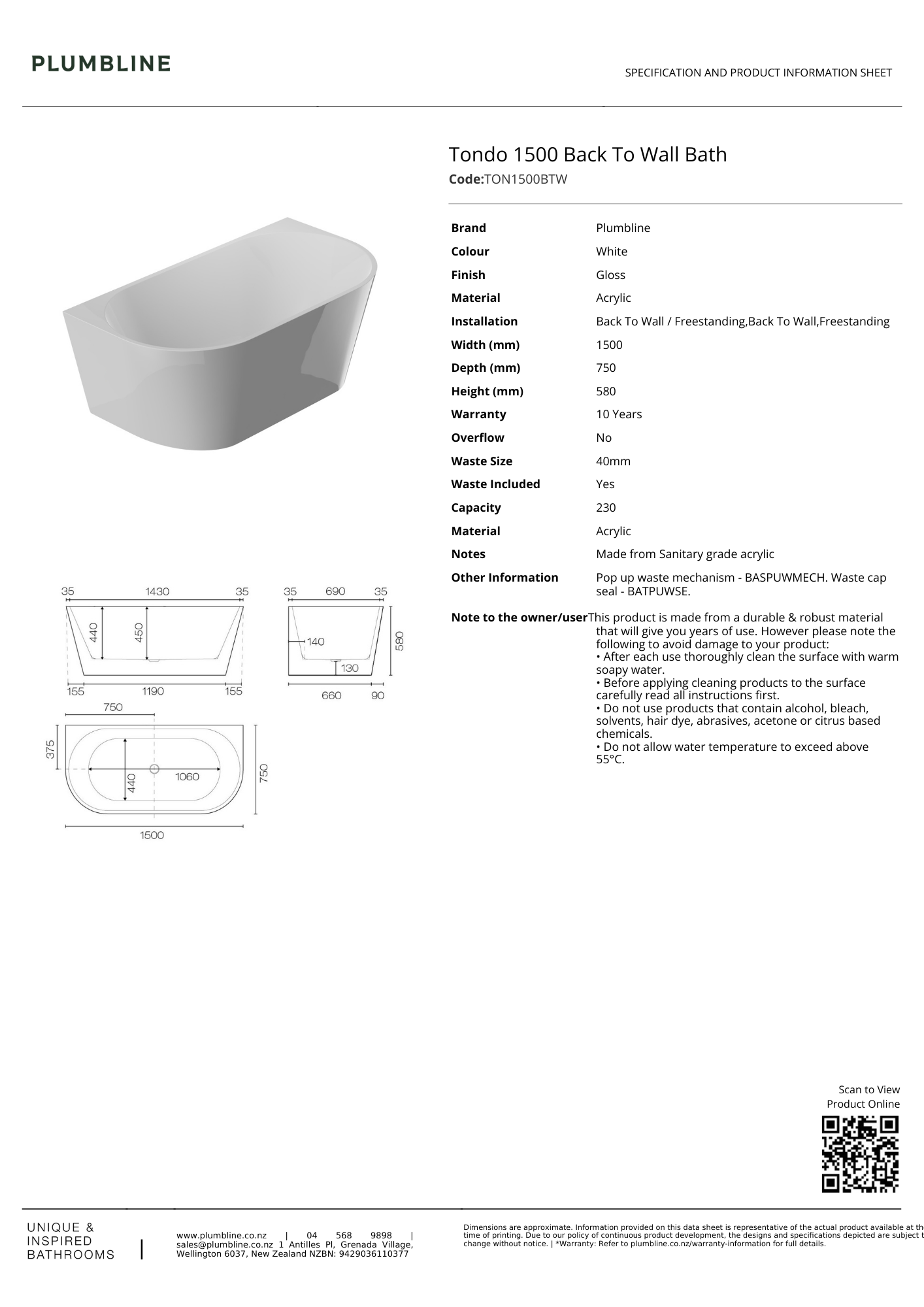 Plumbline Tondo Back To Wall Bath 1500mm