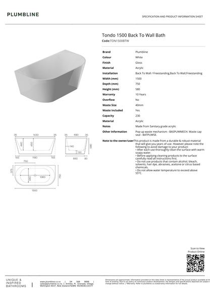 Plumbline Tondo Back To Wall Bath 1500mm