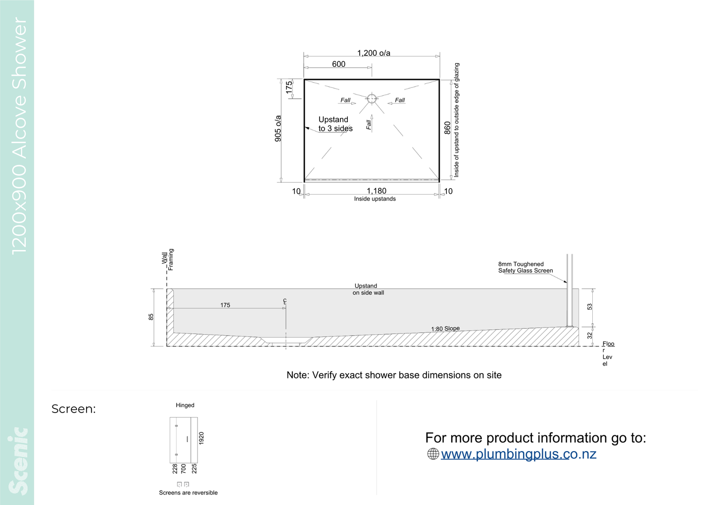 Scenic 3-Sided Hinged Shower 1200mm x 900mm - 2 Wall / 2 Colour Options