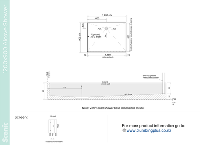 Scenic 3-Sided Hinged Shower 1200mm x 900mm - 2 Wall / 2 Colour Options