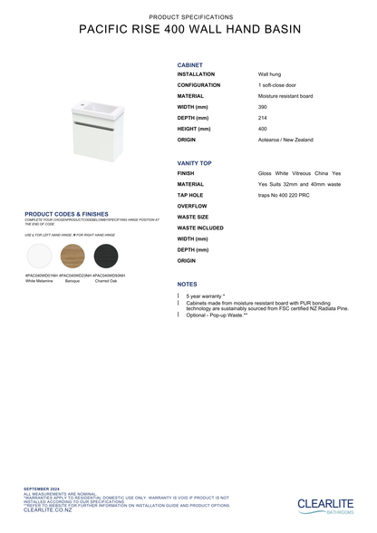 Clearlite Pacific Rise Hand Basin Wall Hung Vanity 400mm - Available in 3 Colours