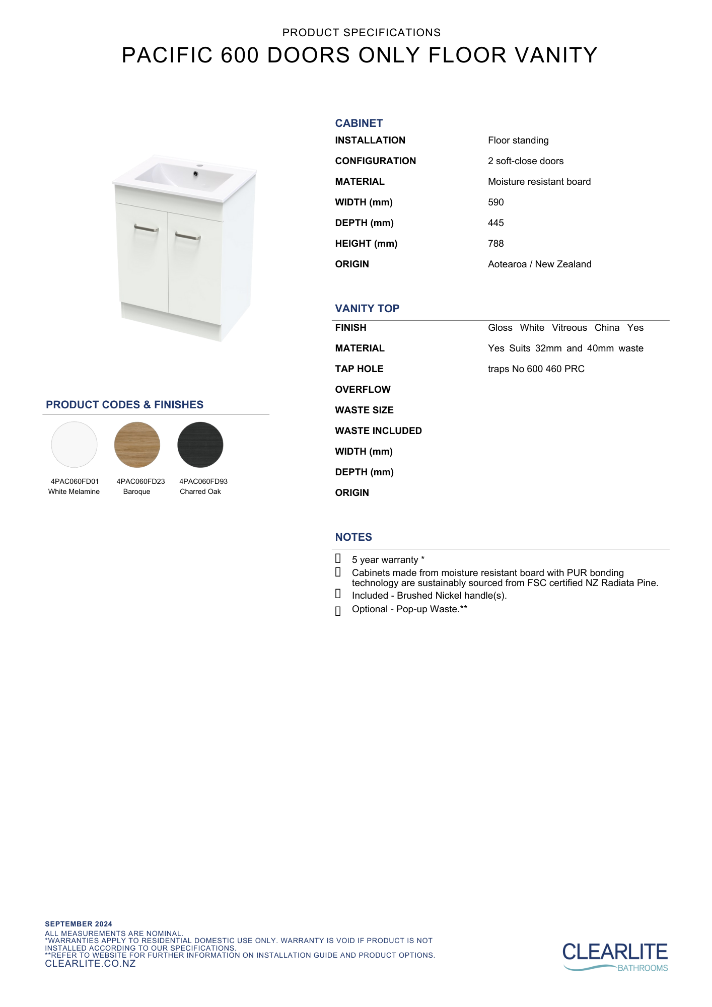 Clearlite Pacific Door Only Floor Standing Vanity 600mm - Available in 3 Colours