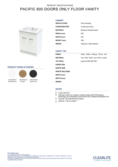 Clearlite Pacific Door Only Floor Standing Vanity 600mm - Available in 3 Colours