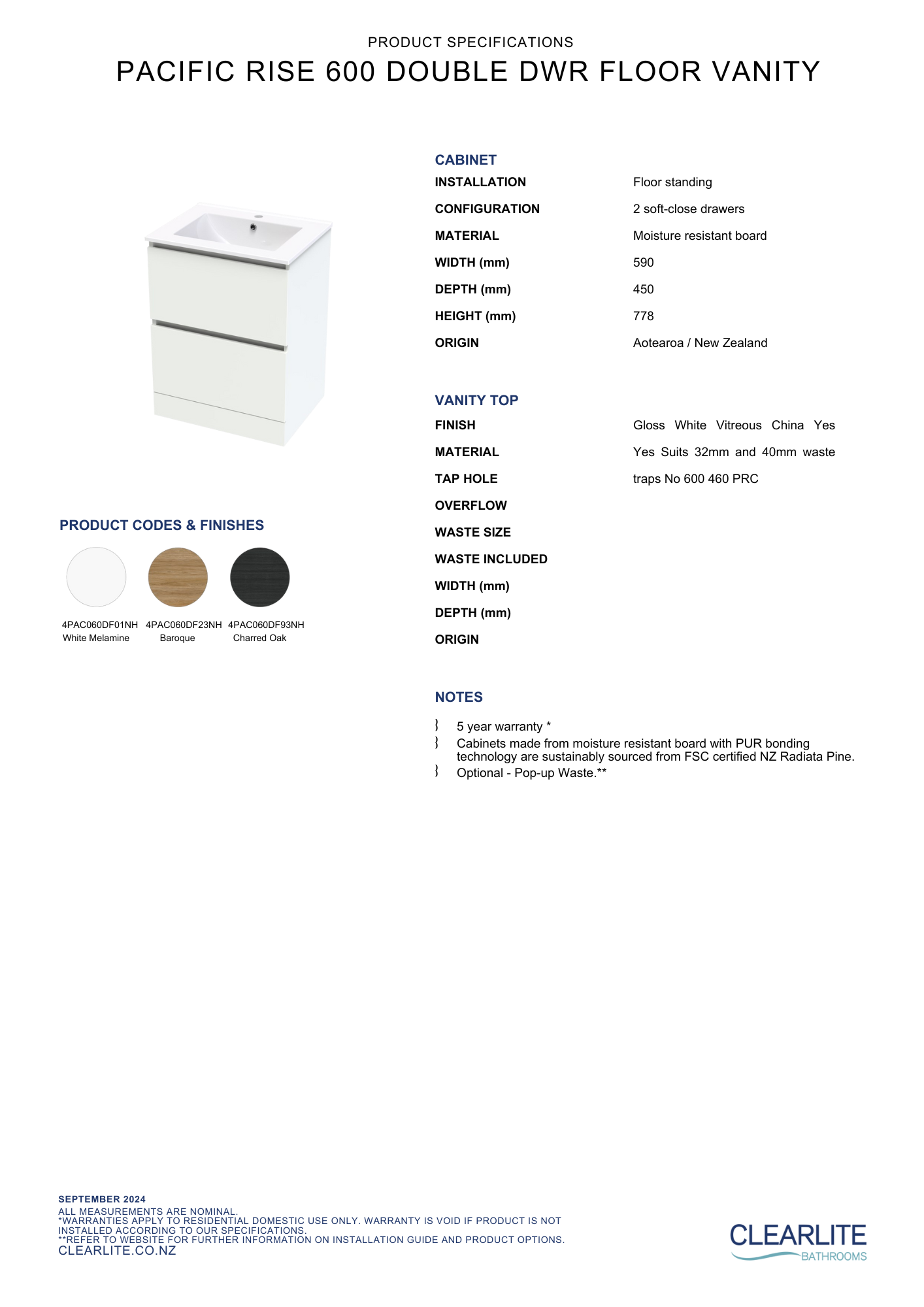 Clearlite Pacific Rise Double Drawer Floor Standing Vanity 600mm - Available in 3 Colours