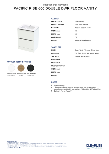 Clearlite Pacific Rise Double Drawer Floor Standing Vanity 600mm - Available in 3 Colours