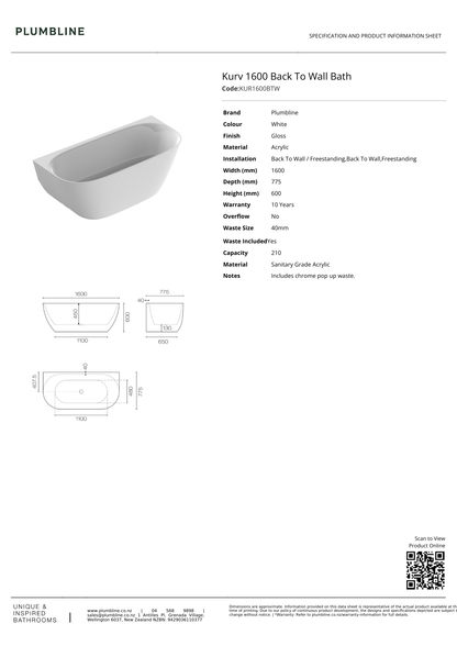 Plumbline Kurv Back To Wall Bath 1600mm | Available in 2 Colours