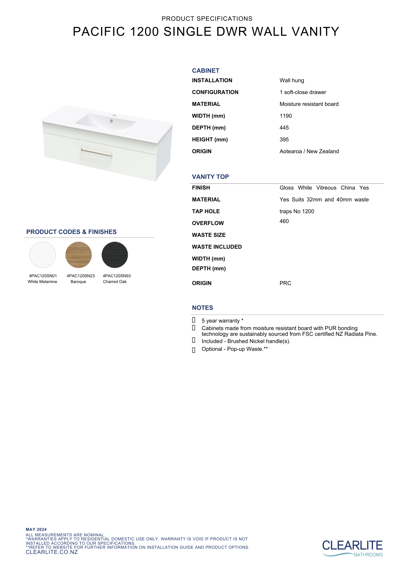Clearlite Pacific Single Drawer Wall Hung Vanity 1200mm - Available in 3 Colours