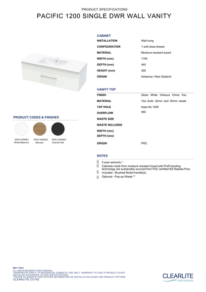 Clearlite Pacific Single Drawer Wall Hung Vanity 1200mm - Available in 3 Colours