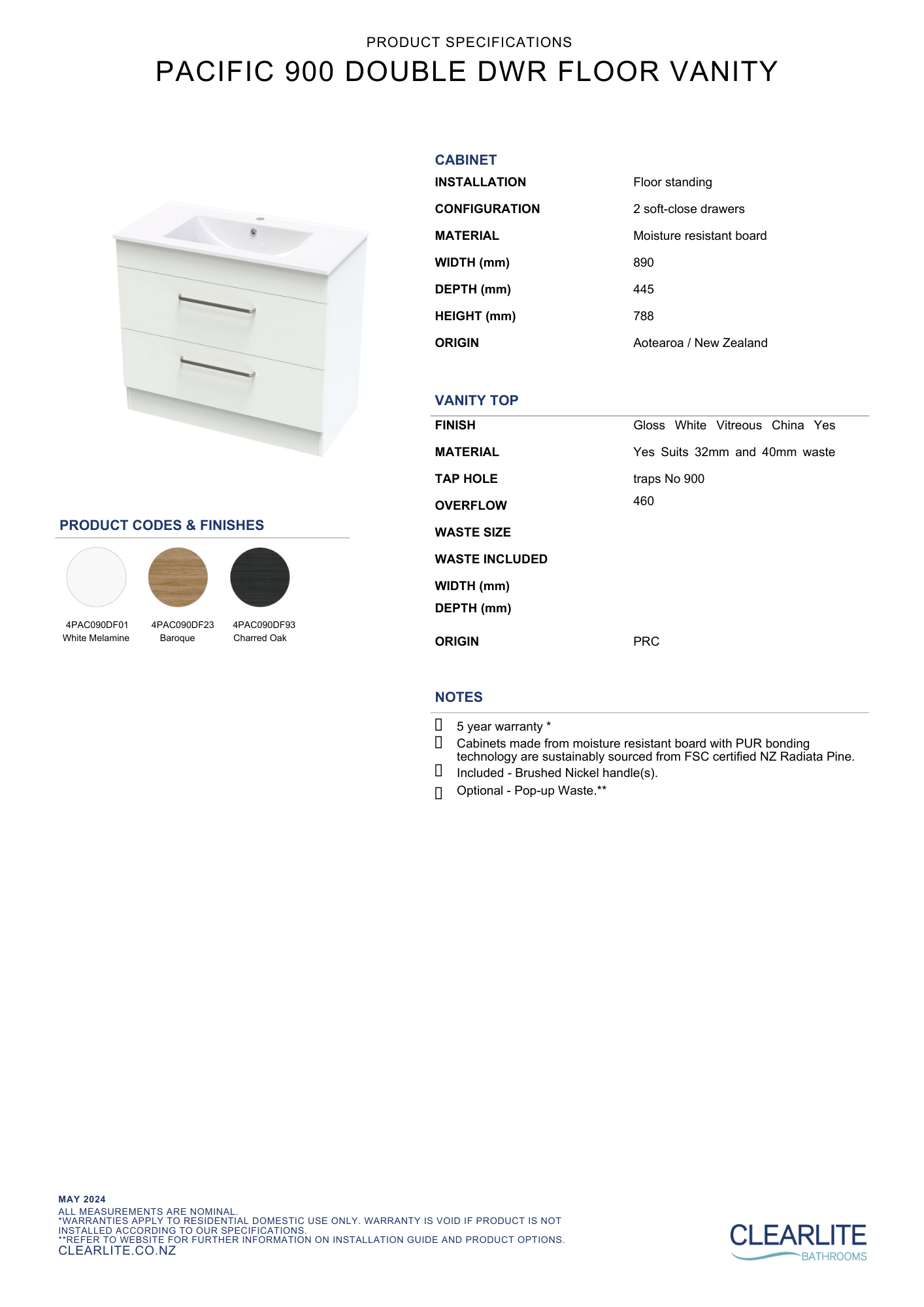 Clearlite Pacific Double Drawer Floor Standing Vanity 900mm - Available in 3 Colours