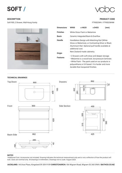 VCBC Soft 2 Drawer Wall Hung Vanity 900mm | Available in 13 Colours