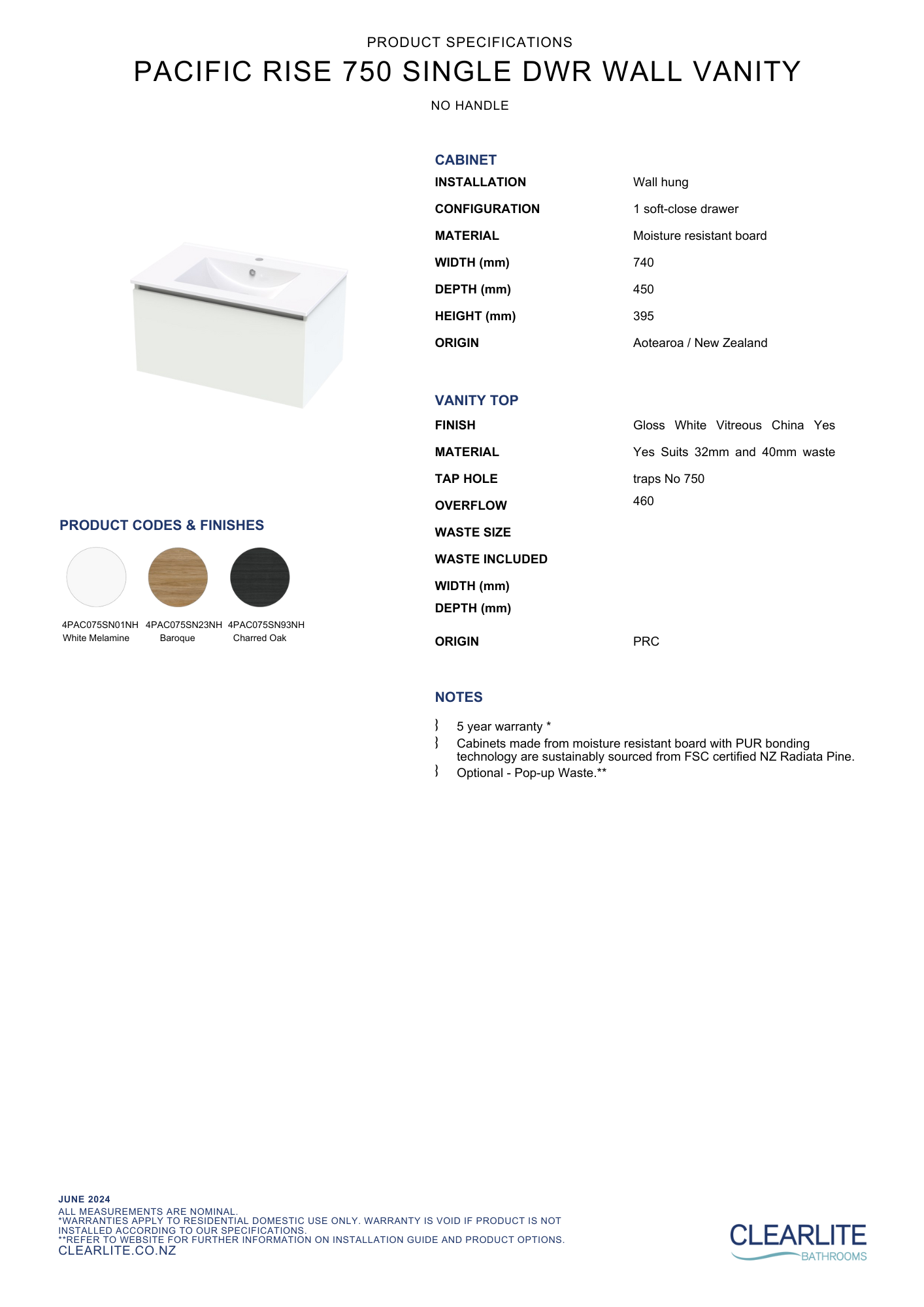 Clearlite Pacific Rise Single Drawer Wall Hung Vanity 750mm - Available in 3 Colours