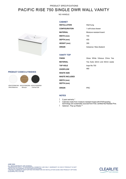 Clearlite Pacific Rise Single Drawer Wall Hung Vanity 750mm - Available in 3 Colours