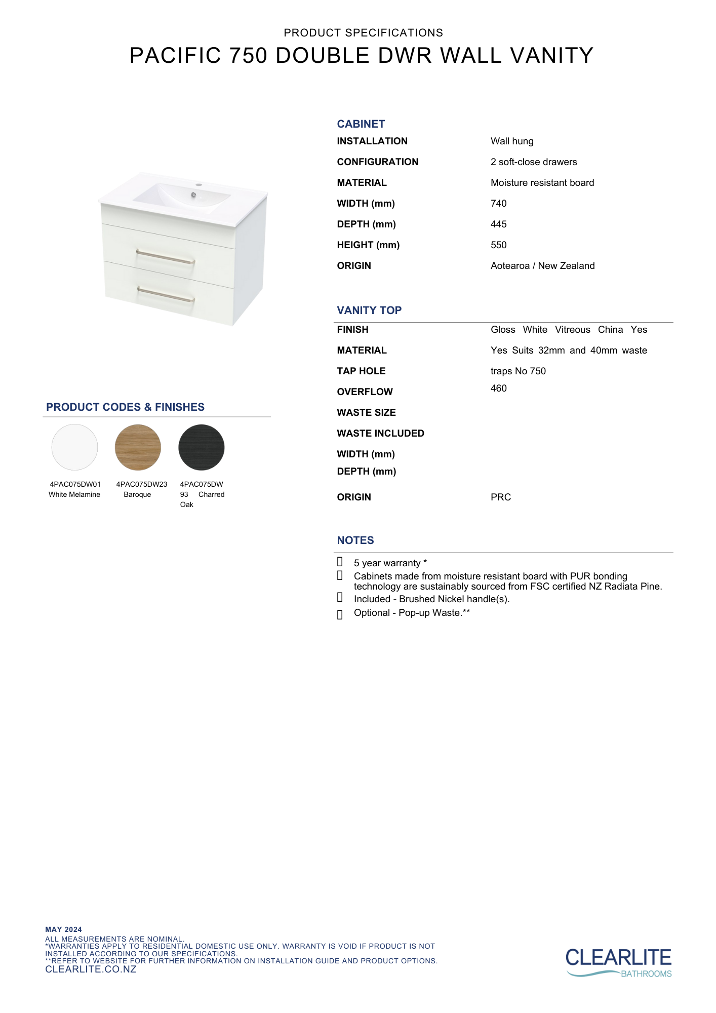 Clearlite Pacific Double Drawer Wall Hung Vanity 750mm - Available in 3 Colours