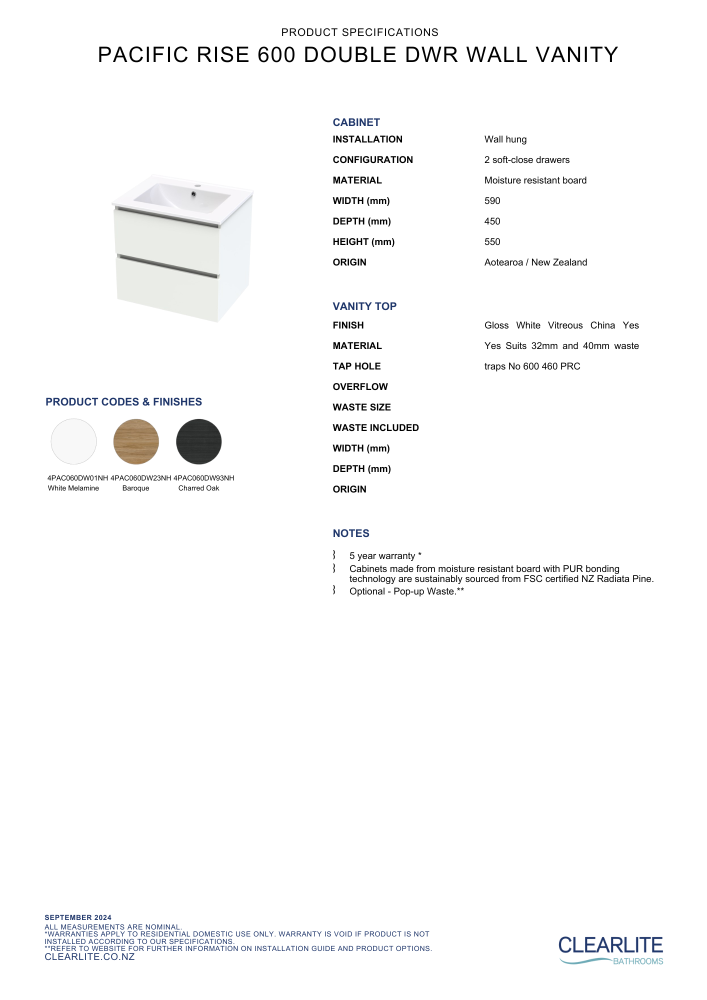 Clearlite Pacific Rise Double Drawer Wall Hung Vanity 600mm - Available in 3 Colours