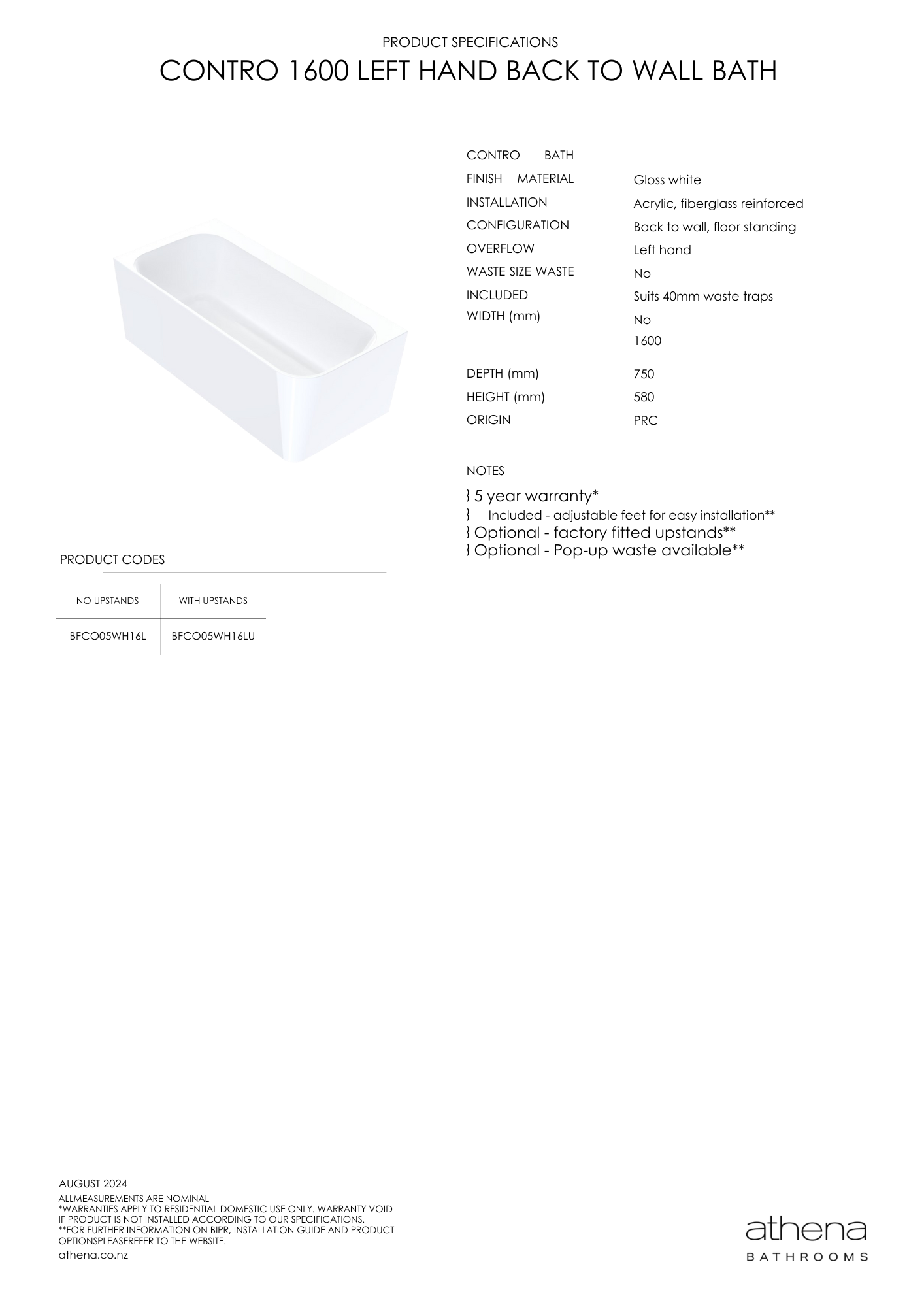 Athena Contro Back To Wall Bath Left Hand 1600mm