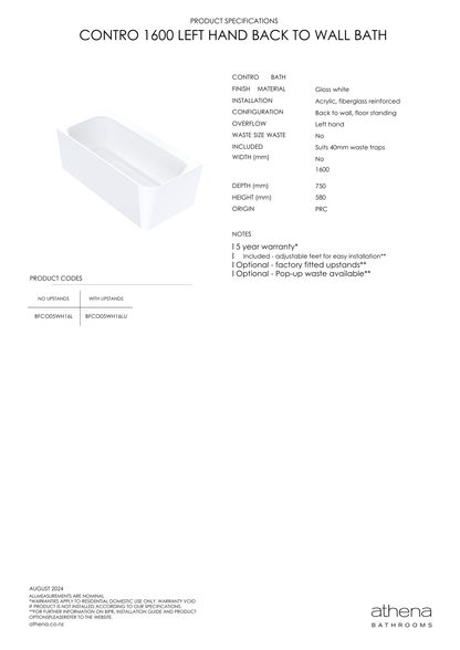 Athena Contro Back To Wall Bath Left Hand 1600mm