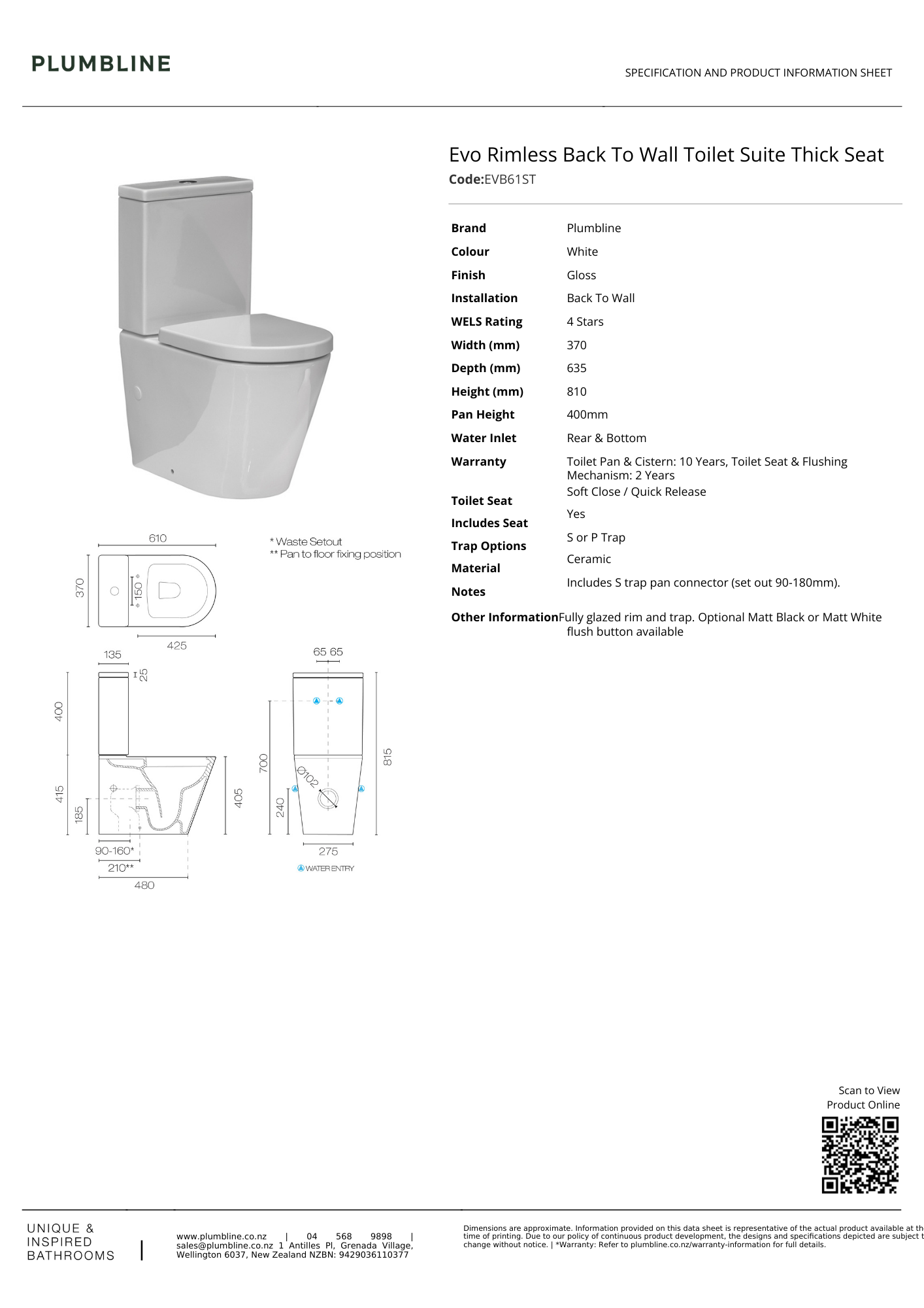 Plumbline Evo Rimless Back To Wall Toilet Suite | Thick Seat