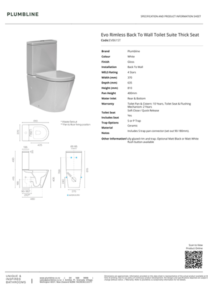 Plumbline Evo Rimless Back To Wall Toilet Suite | Thick Seat