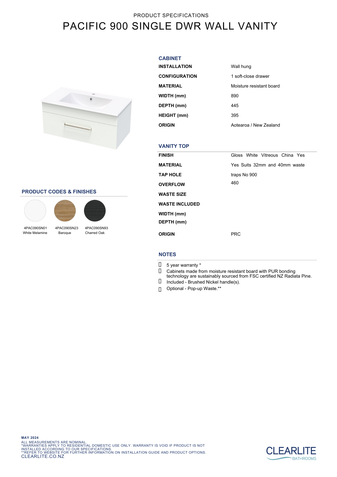Clearlite Pacific Single Drawer Wall Hung Vanity 900mm - Available in 3 Colours