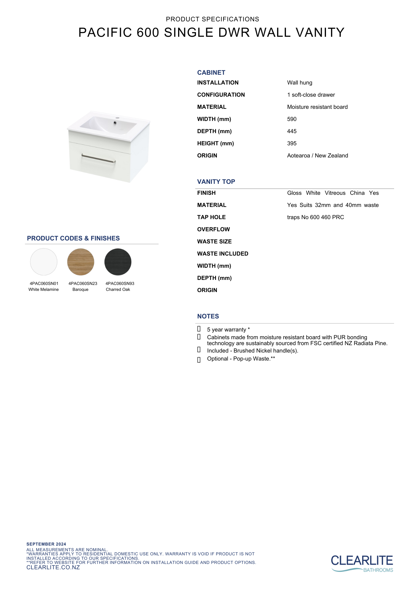 Clearlite Pacific Single Drawer Wall Hung Vanity 600mm - Available in 3 Colours