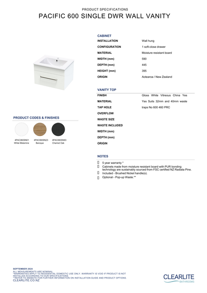 Clearlite Pacific Single Drawer Wall Hung Vanity 600mm - Available in 3 Colours