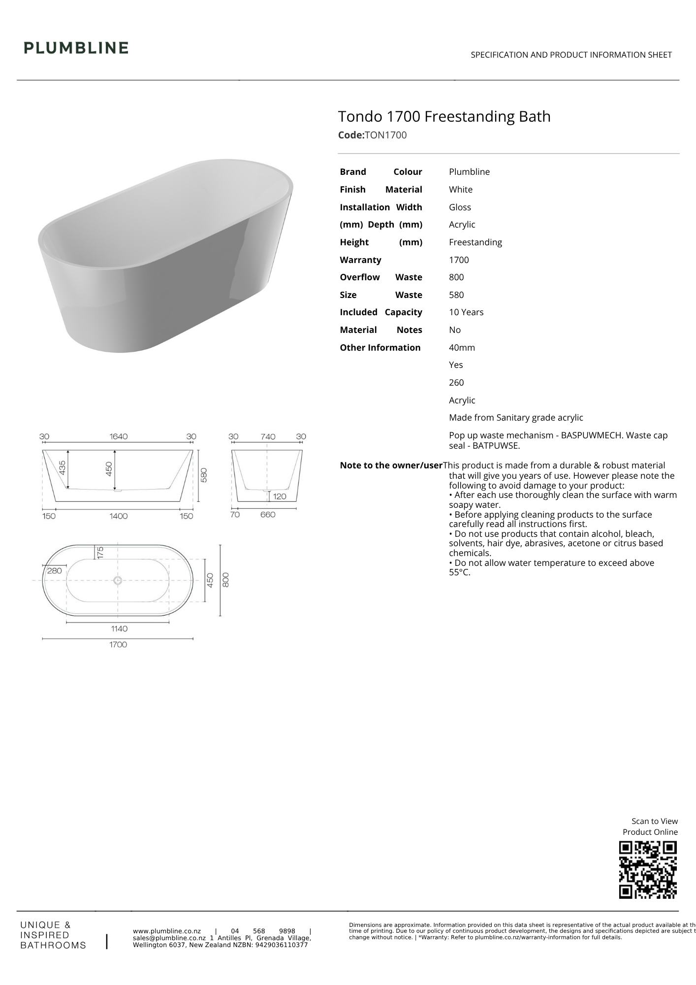 Plumbline Tondo Freestanding Bath 1700mm