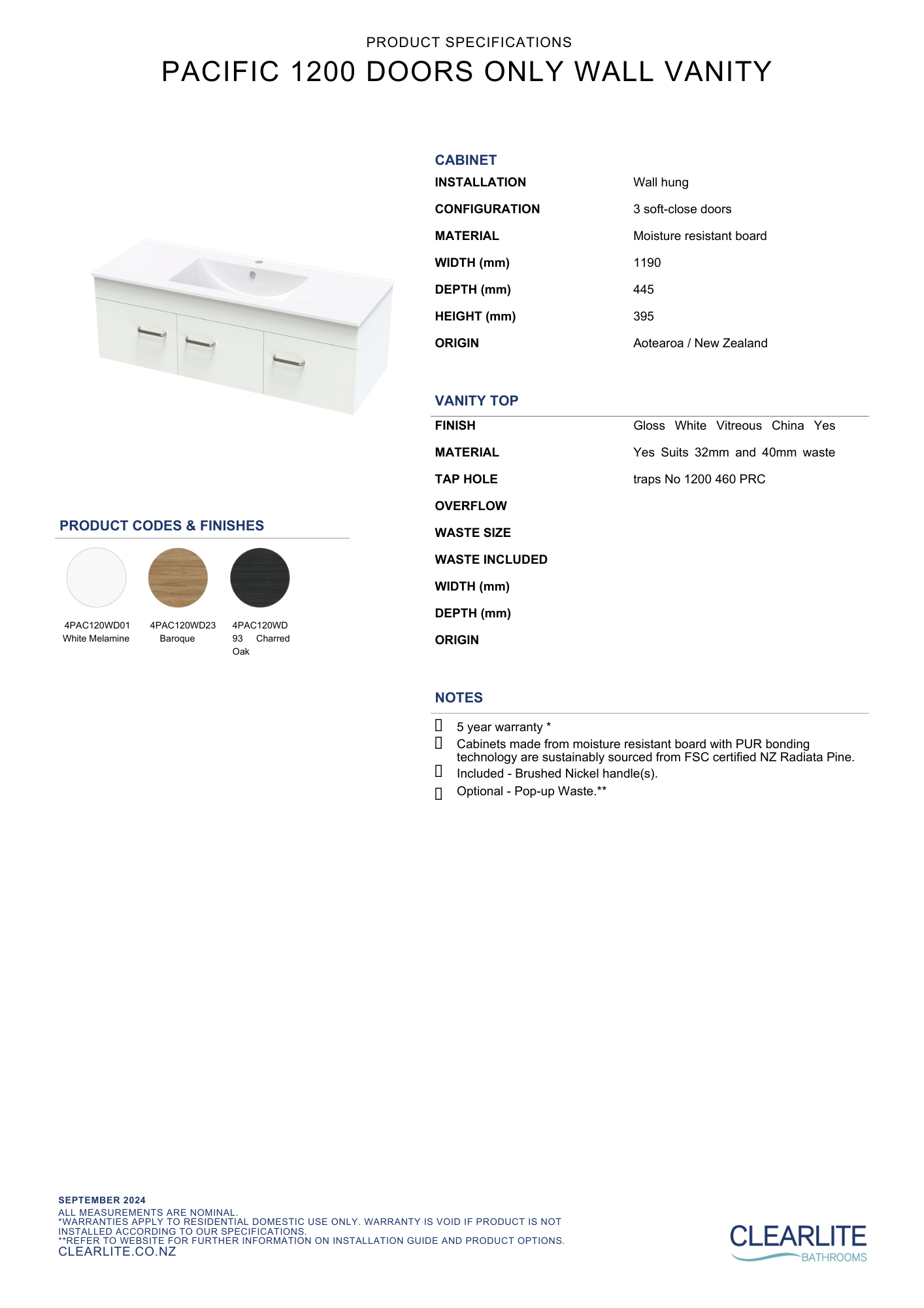 Clearlite Pacific Door Only Wall Hung Vanity 1200mm | Available in 3 Colours
