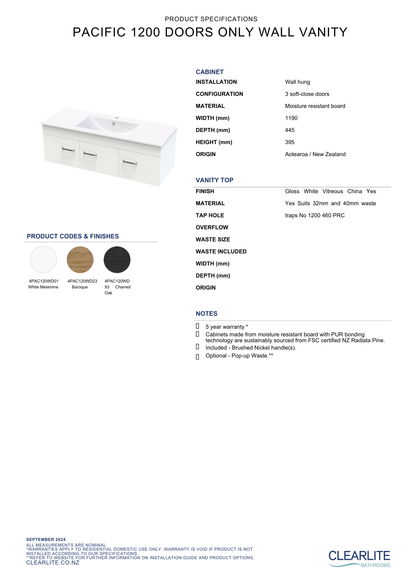 Clearlite Pacific Door Only Wall Hung Vanity 1200mm | Available in 3 Colours