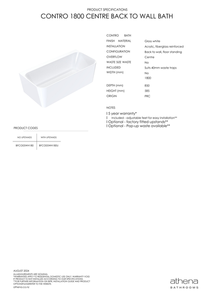 Athena Contro Back To Wall Bath 1800mm
