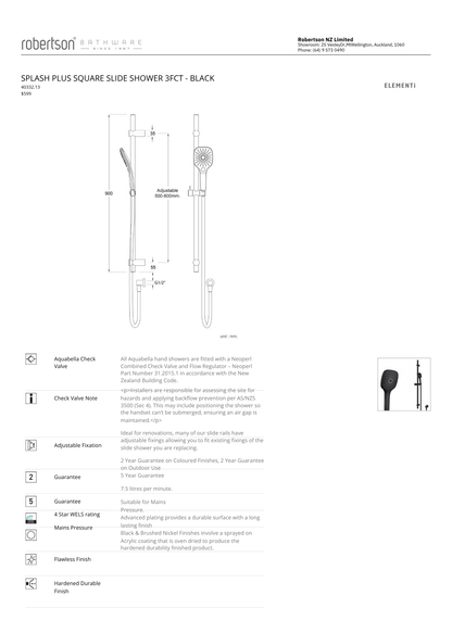 Elementi Splash Plus Square Slide Shower 3 Function | Available in 4 Colours