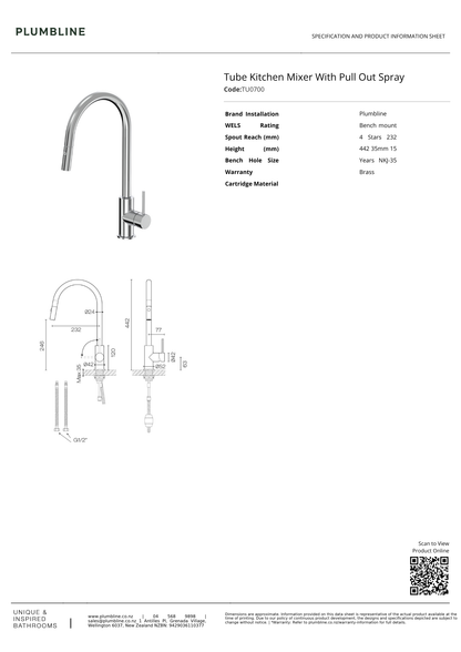 Plumbline Tube Kitchen Mixer with Pull Out Spray | Available in 5 Colours