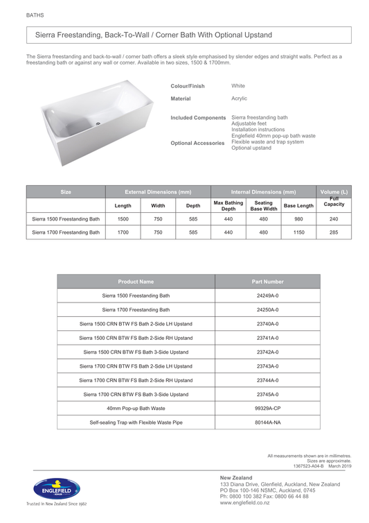 Englefield Sierra Back to Wall & Corner Bath - 2 Sizes / 3 Upstand Options