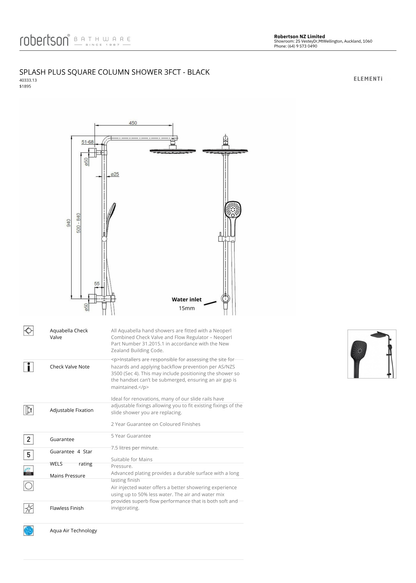 Elementi Splash Plus Square Column Shower 3 Function - Available in 4 Colours