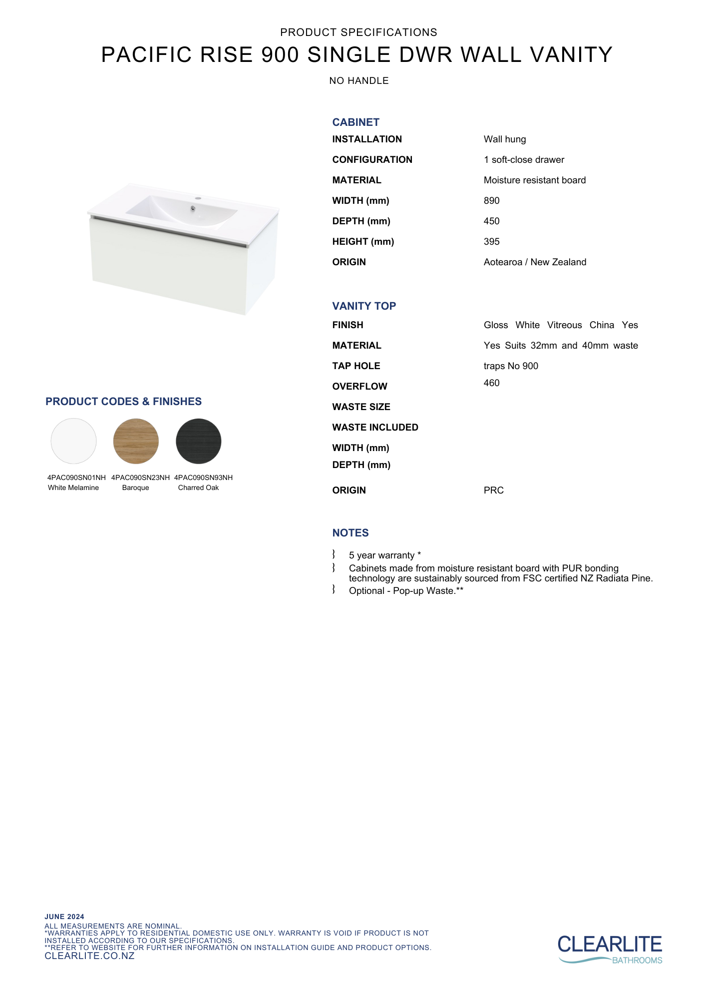 Clearlite Pacific Rise Single Drawer Wall Hung Vanity 900mm - Available in 3 Colours