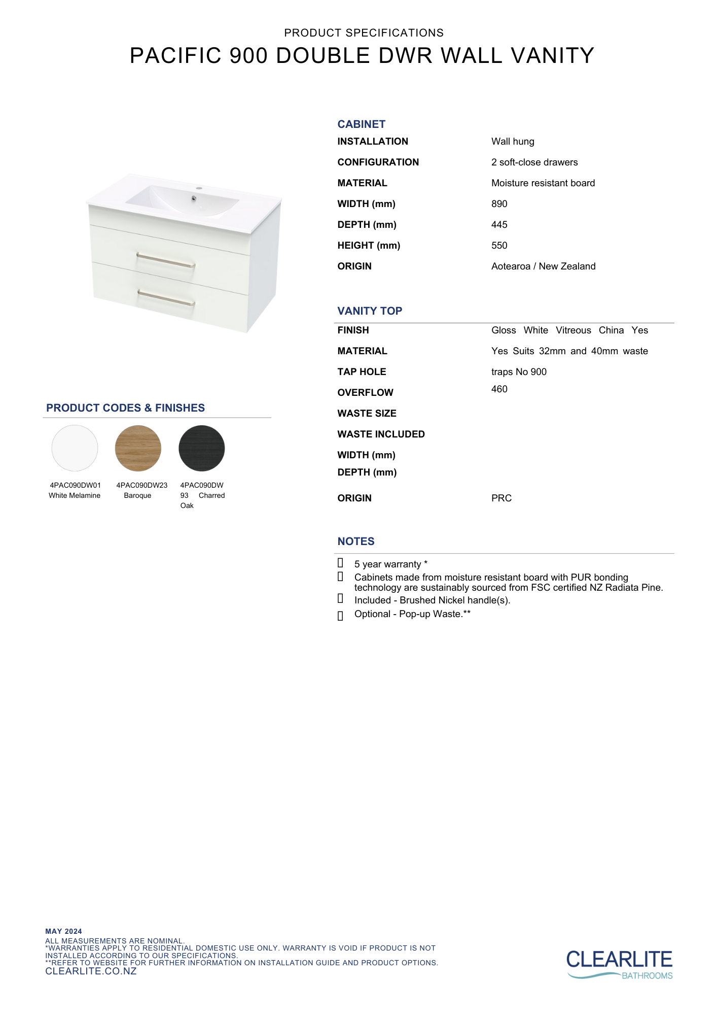 Clearlite Pacific Double Drawer Wall Hung Vanity 900mm - Available in 3 Colours