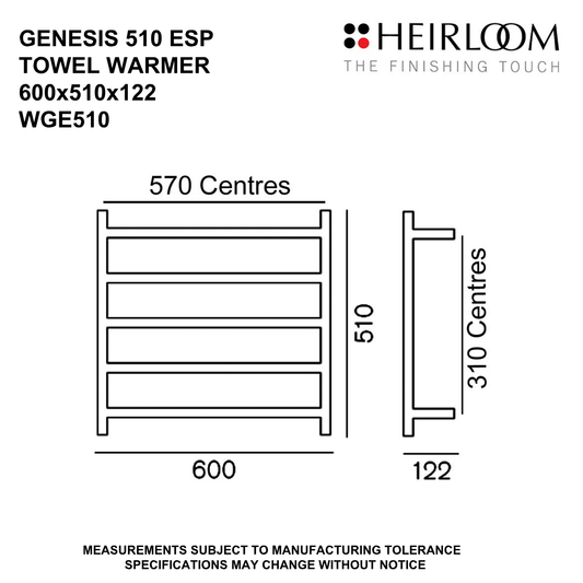 Heirloom Genesis ESP Heated Towel Rail | 510 x 600mm – Chrome