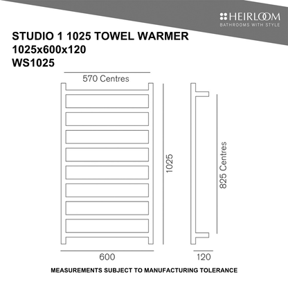 Heirloom Studio 1 ESP Heated Towel Rail | 1025 x 600mm - Chrome