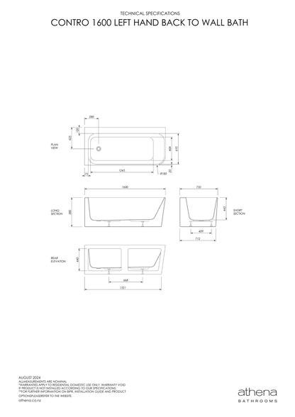 Athena Contro Back To Wall Bath Left Hand 1600mm