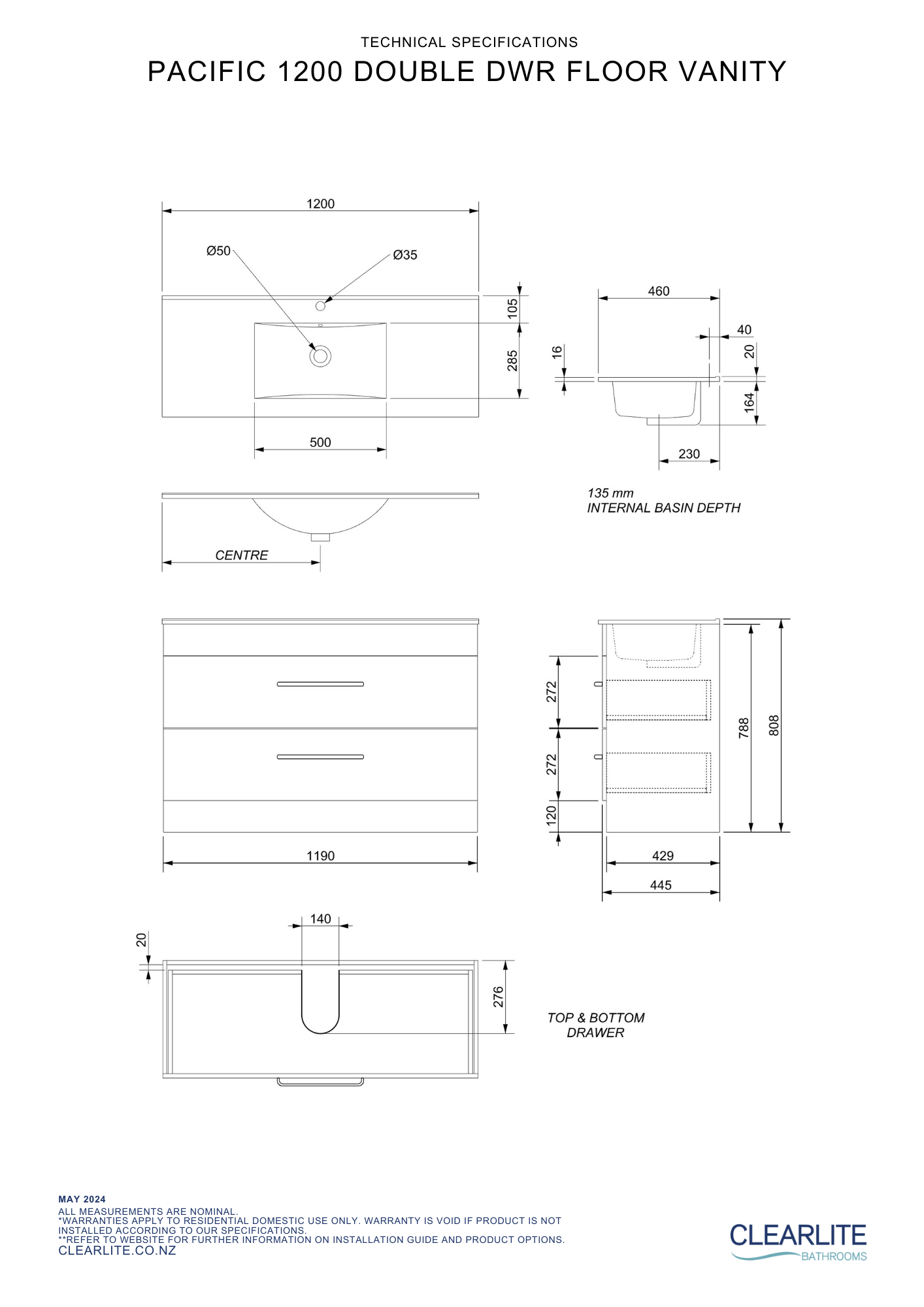 Clearlite Pacific Double Drawer Floor Standing Vanity 1200 - Available in 3 Colours