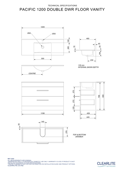 Clearlite Pacific Double Drawer Floor Standing Vanity 1200 - Available in 3 Colours