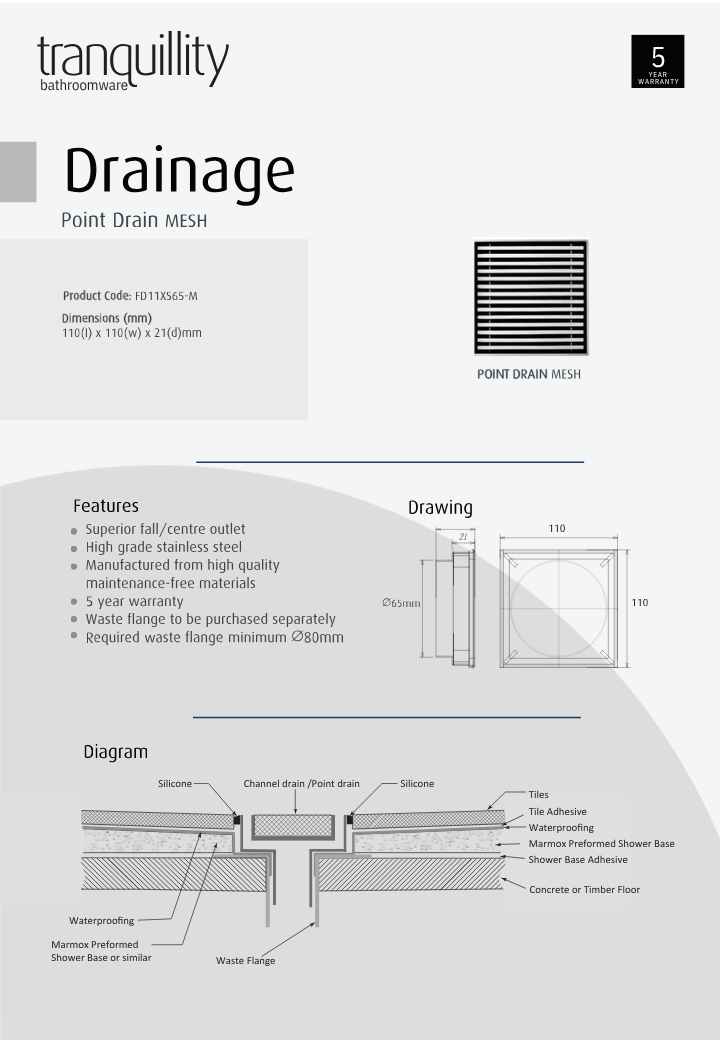 Tranquillity Mesh Point Drain 110mm | Polished Stainless