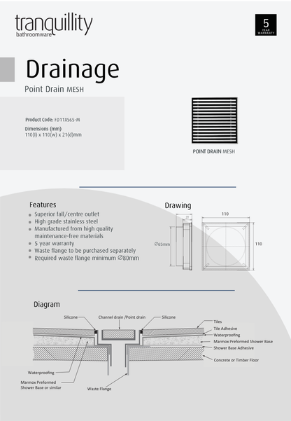 Tranquillity Mesh Point Drain 110mm | Polished Stainless