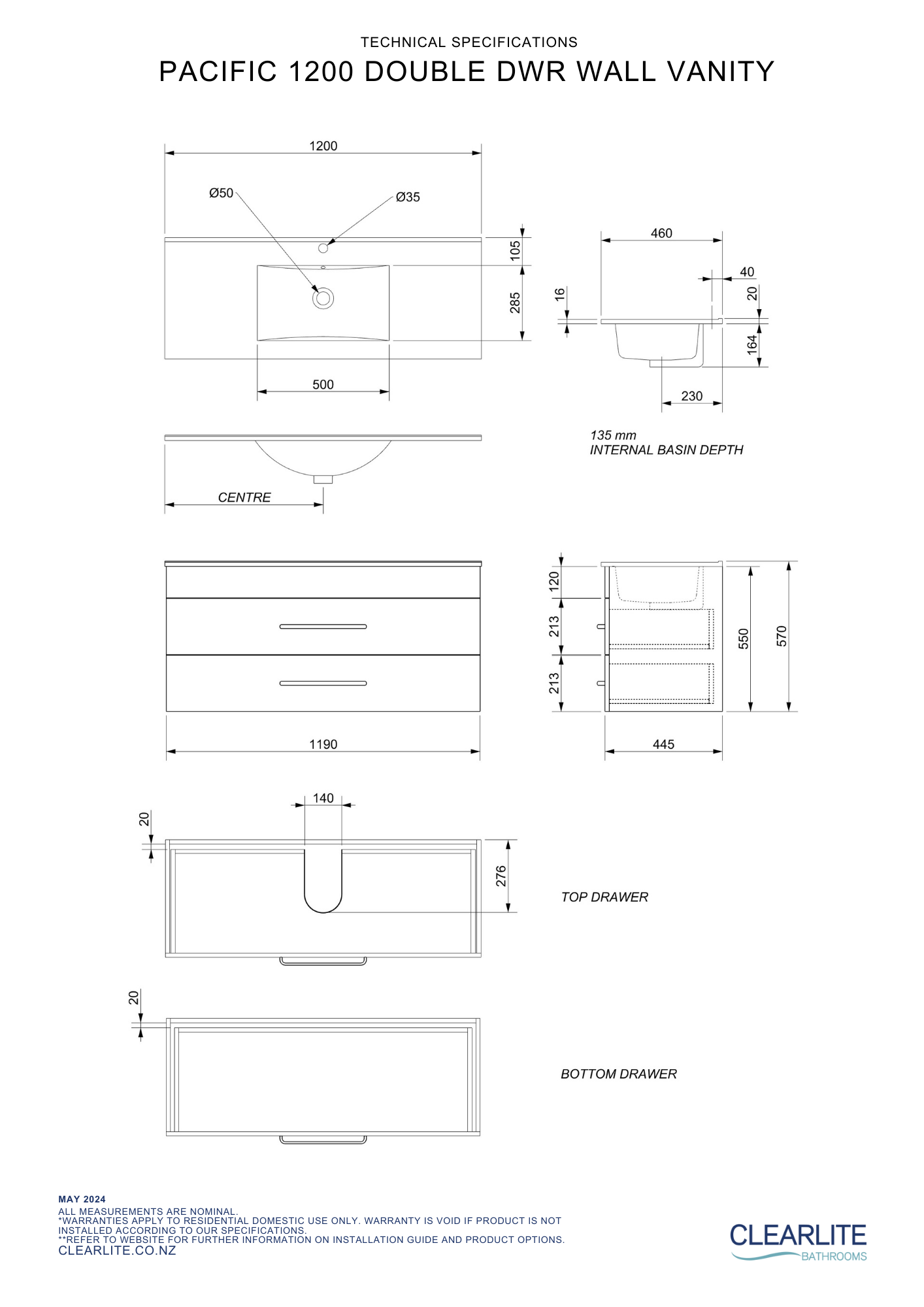 Clearlite Pacific Double Drawer Wall Hung Vanity 1200mm - Available in 3 Colours