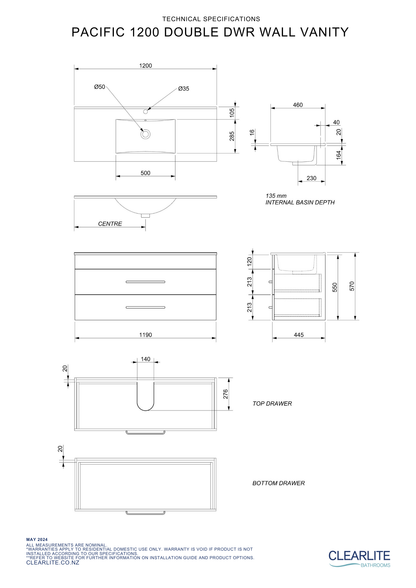 Clearlite Pacific Double Drawer Wall Hung Vanity 1200mm - Available in 3 Colours