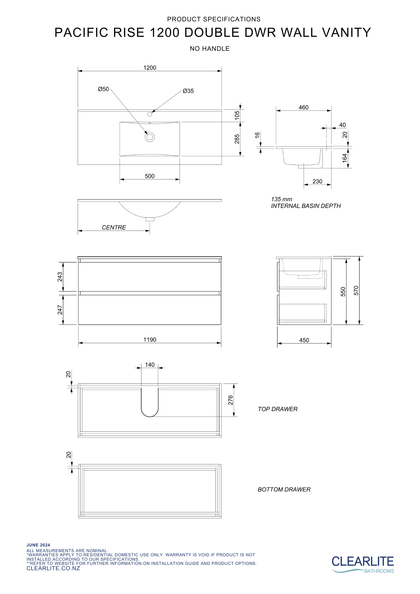 Clearlite Pacific Rise Double Drawer Wall Hung Vanity 1200mm - Available in 3 Colours