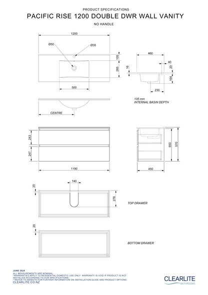 Clearlite Pacific Rise Double Drawer Wall Hung Vanity 1200mm - Available in 3 Colours