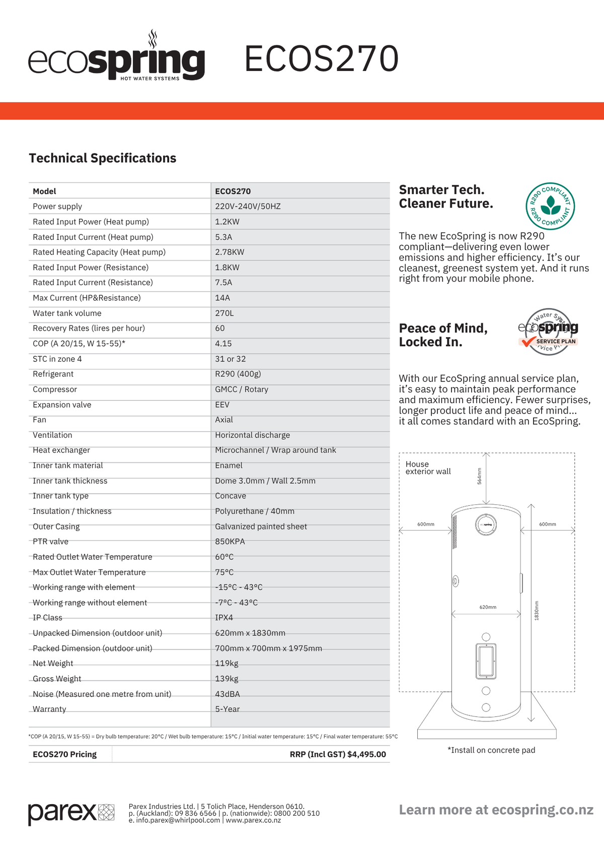 EcoSpring Heat Pump Hot Water Cylinder 270L