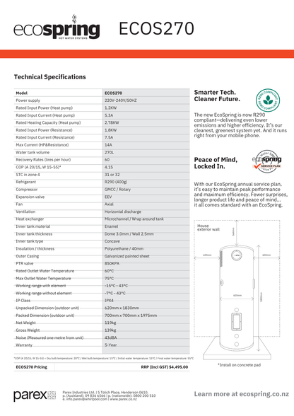 EcoSpring Heat Pump Hot Water Cylinder 270L